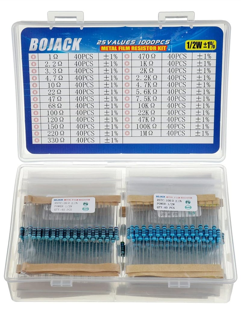 BOJACK 1000 Pcs 25 Values Resistor Kit 1 Ohm-1M Ohm with 1% 1/2W Metal Film Resistors Assortment - Image 1